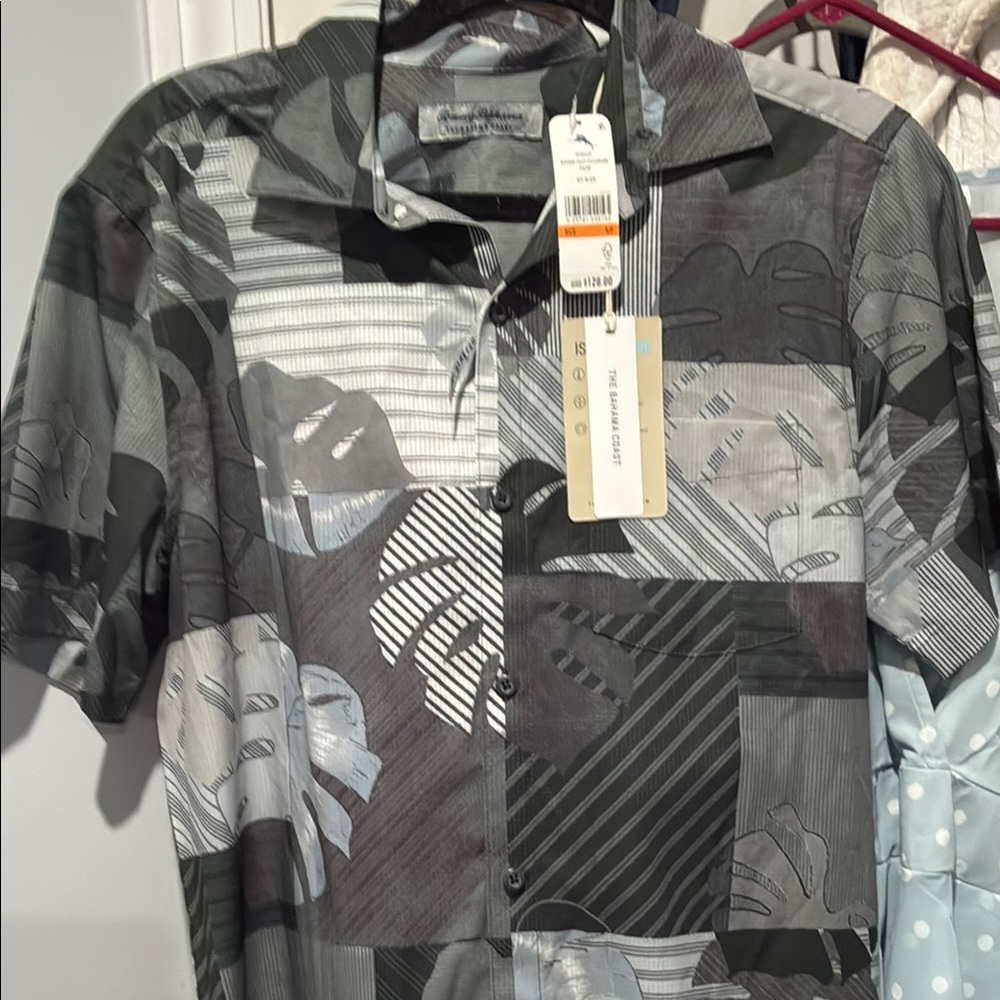 Tommy Bahama Gray and Black Casual Button Down Shirt with Geometric Patterns